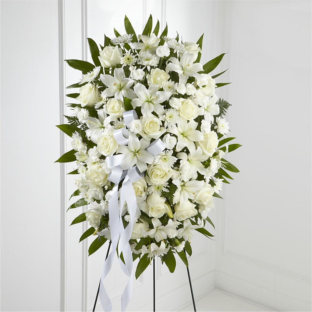 Exquisite Tribute Standing Spray-White Ribbon – Dallas House Of Flowers, Dallas TX
