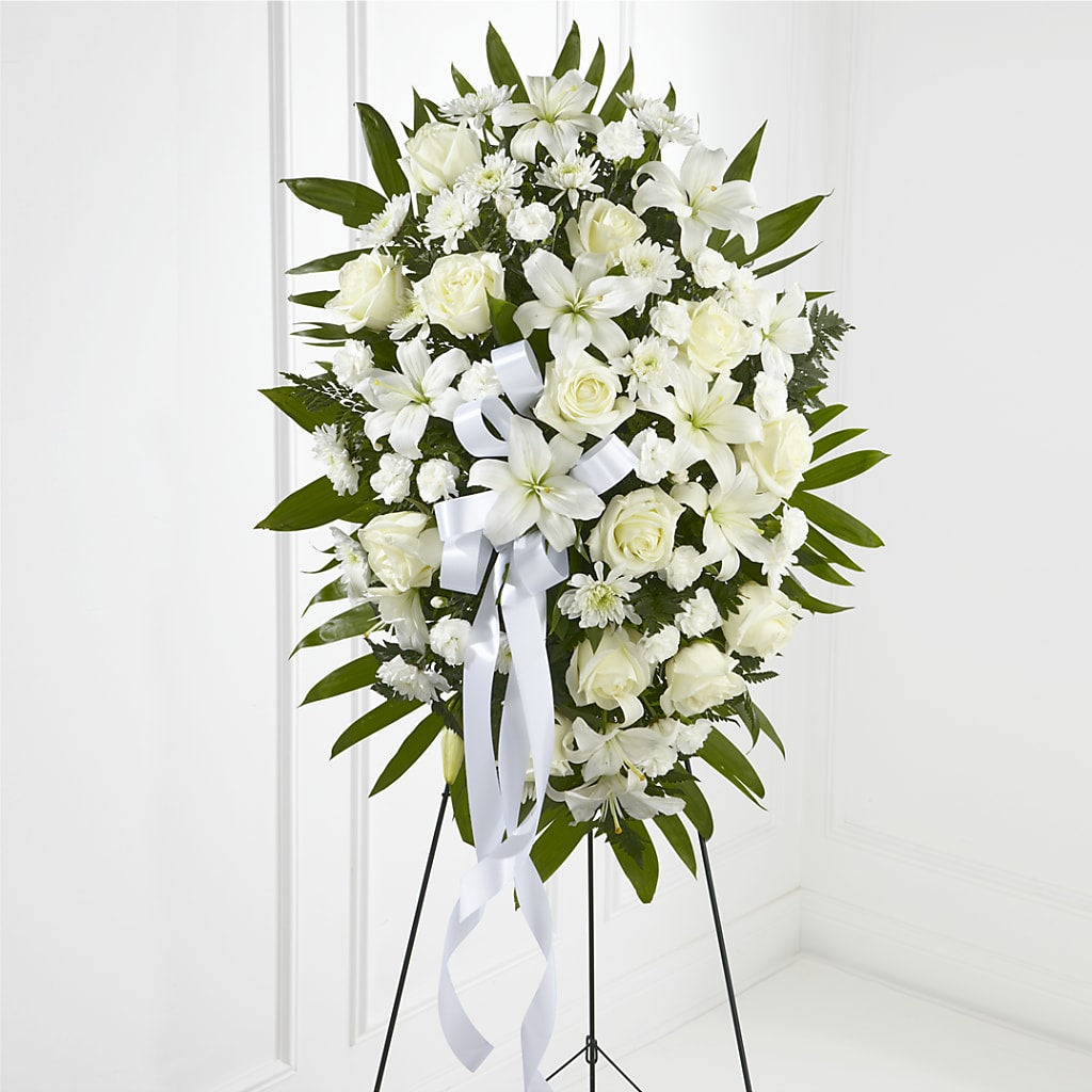 Exquisite Tribute Standing Spray-White Ribbon – Dallas House Of Flowers, Dallas TX