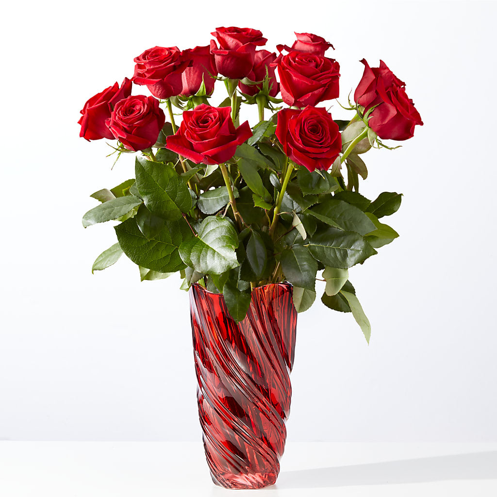 Classic Love Red Rose Bouquet with Luxe Swirl Vase – Dallas House Of Flowers, Dallas TX