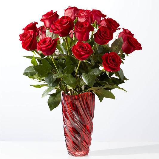 Classic Love Red Rose Bouquet with Red Swirl Vase