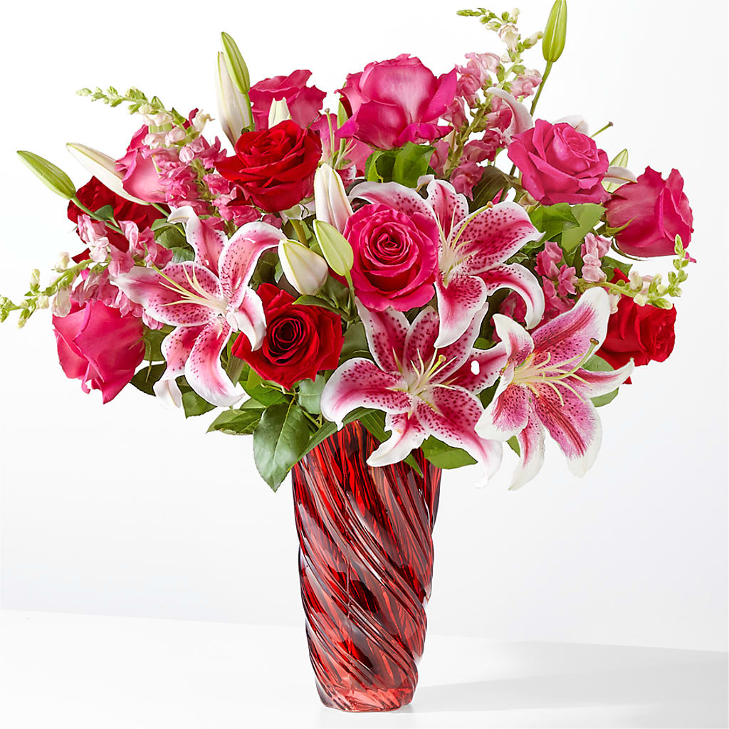 Always You Bouquet with Red Swirl Vase